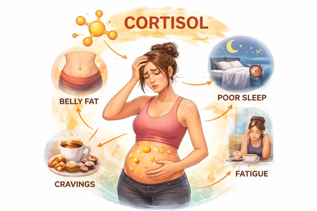 Illustration of a stressed adult woman showing belly fat, fatigue, cravings, and poor sleep caused by high cortisol after 30