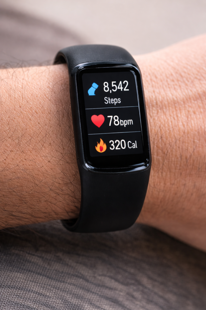 fitness band guide after 30 close-up display showing steps heart rate and calories burned