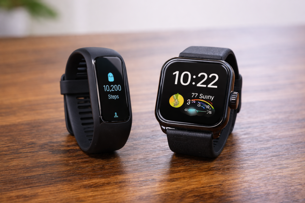 fitness band guide after 30 comparing a fitness band and a smartwatch side-by-side on a table