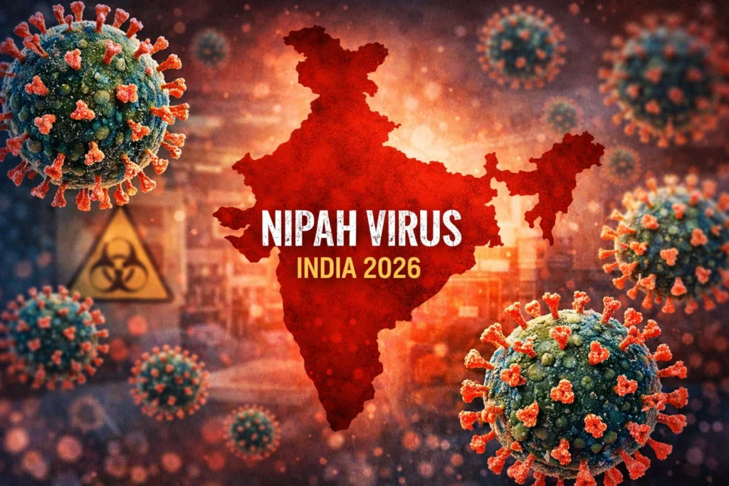 Illustration of Nipah virus particles with India map overlay, 2026 outbreak awareness
