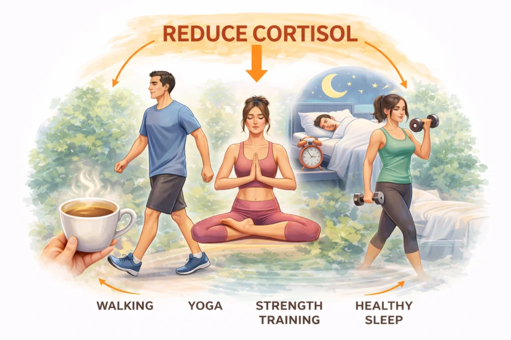 Realistic infographic showing adults over 30 walking, doing yoga, strength training, and sleeping to reduce cortisol and improve weight loss
