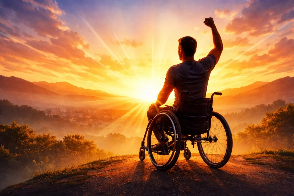 Symbolic image of a person in a wheelchair raising their fist at sunrise, representing strength, recovery, and resilience for fitness after 30
