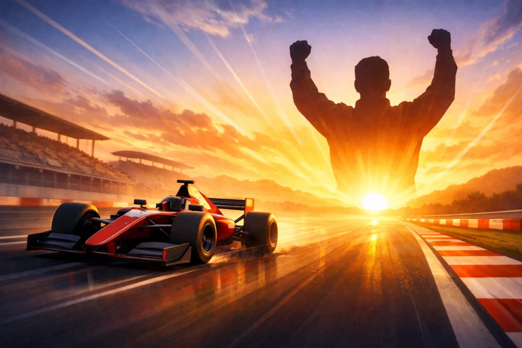 Symbolic image of a race car and silhouette representing determination, speed, and resilience in motorsport and fitness