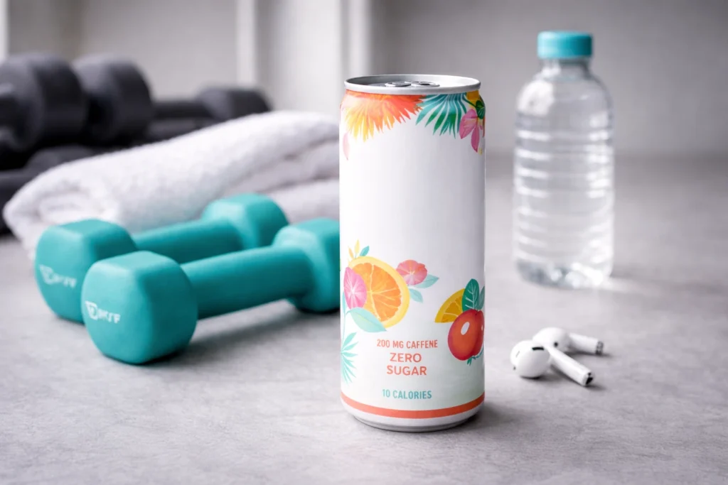 Generic energy drink can in gym setting for adults over 30, representing pre-workout energy