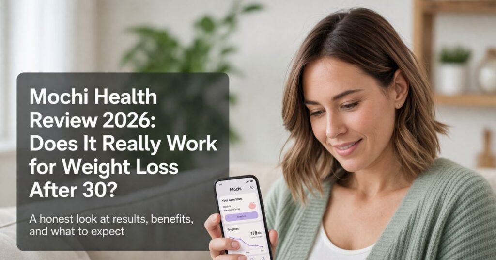 Mochi Health review 2026 showing weight loss struggle after 30 with scale and mobile app