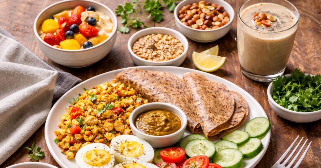 High protein breakfast for weight loss with Indian foods like eggs, paneer bhurji, ragi dosa and oats