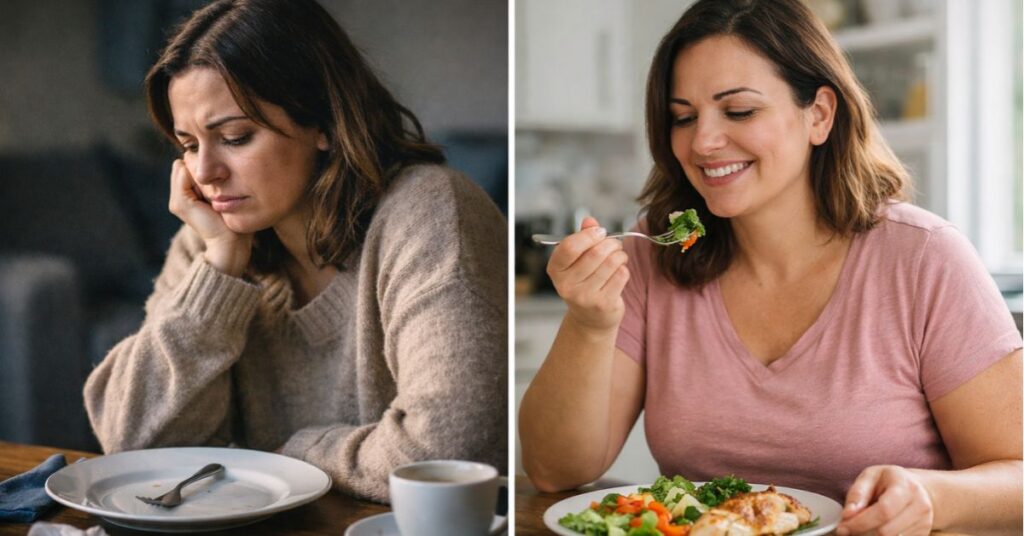 Person showing low appetite and stress before Lexapro compared to improved mood and healthy eating after starting medication