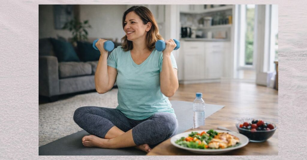 Woman over 30 doing light home workout with healthy meal to manage weight while on Lexapro